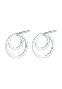 Orecchini in argento sterling con due anelli circolari intrecciati, finitura lucida, dotati di un perno verticale nella parte superiore per la chiusura.