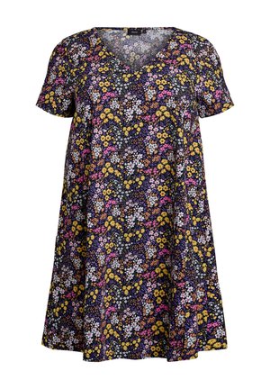 Īsām piedurknēm kleita tumšā audumā ar ziedu rakstu rozā, dzeltenā, baltā un violetā krāsā. Ir V veida kakla izgriezums un vaļīga, plūstoša silueta.