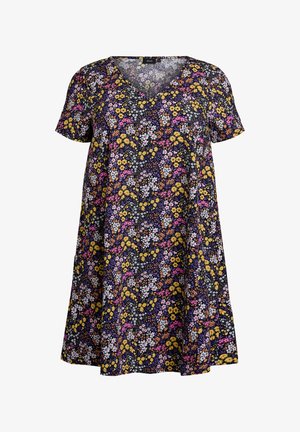 Kurzärmeliges Kleid aus dunklem Stoff mit einem Blumenmuster in Rosa, Gelb, Weiß und Lila. Verfügt über einen V-Ausschnitt und eine lockere, fließende Silhouette.