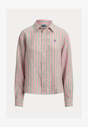 Różowo-zielona lniana koszula w paski z długim rękawem, kołnierzykiem na guziki i małym niebieskim logo na piersi. Zapięcie na guziki z przodu i mankiety na rękawach.