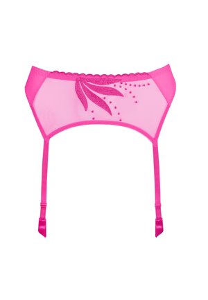 Pink lace suspender belt featuring sheer mesh, embroidered floral details, adjustable straps, and scalloped edging.