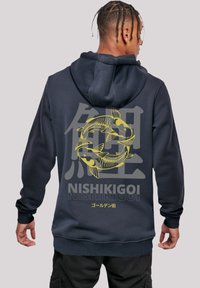 Navy hoodie with a graphic print featuring koi fish and text in yellow and gray on the back. Made of cotton blend, with a drawstring hood.