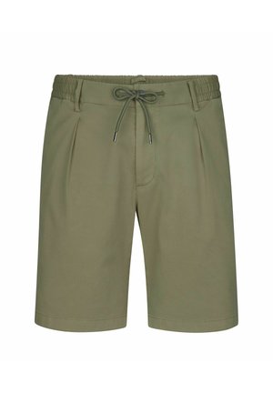 Olivgrüne Shorts mit elastischem Bund und verstellbarem Kordelzug. Mit Falten und glatter Textur, geeignet für legere Kleidung.