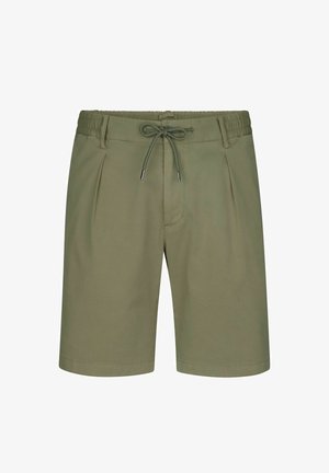 Olijfgroene shorts met een elastische tailleband en verstelbare trekkoord. Voorzien van plooien en een gladde textuur, geschikt voor casual draagstijl.