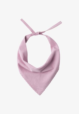 Bandana triangulaire en tissu doux mauve clair avec bords cousus et fermeture à nouer ajustable sur le dessus.