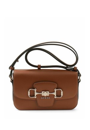 Brown leather shoulder bag with silver buckle and "GUESS" logo on front flap, featuring an adjustable strap looped above.