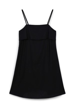 Abito nero senza maniche con spalline sottili, caratterizzato da un corpetto a strati e una forma a A fluida, realizzato in un tessuto leggero e morbido.