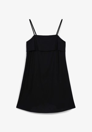 Robe noire sans manches avec des bretelles fines, présentant un corsage à plusieurs couches et une silhouette en A fluide, fabriquée dans un tissu doux et léger.