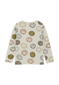 Langärmliges, leichtes Hemd in Beige mit verschiedenen bunten Smiley-Gesichtsmustern, die unterschiedliche Ausdrücke und Tropfen unter jedem Design zeigen.