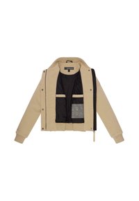 Veste beige avec fermeture éclair et bouton-pression, poignets côtelés, intérieur noir et plusieurs poches. Texture douce et design décontracté.