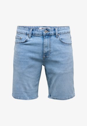 Shorts de mezclilla azul claro con corte recto, cinco bolsillos y cierre de botón. La tela tiene una textura suave y un leve desgaste.