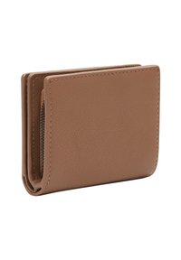 Portafoglio compatto in pelle marrone con cuciture visibili, design pieghevole e un compartimento laterale con zipper.