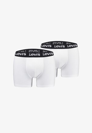 Zwei weiße Boxershorts für Männer mit schwarzen Bund, die wiederholte Levi’s-Logos in weißem Text zeigen.