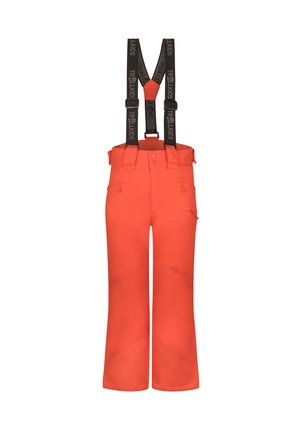 Helle orange Skihosen mit verstellbaren schwarzen Trägern, ausgestattet mit verstärkten Knien, zwei Seitentaschen und einer glatten, wasserdichten Textur.