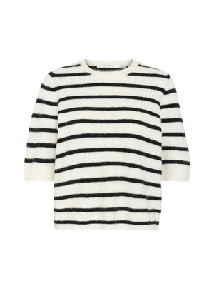 Kurzarmpullover aus weichem, flauschigem Stoff mit horizontalen schwarz-weißen Streifen, Rundhalsausschnitt und lockerer Passform.