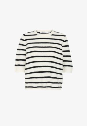 Lyhythihainen villapaita pehmeästä, pörröisestä kankaasta, jossa on vaakasuuntaiset mustat ja valkoiset raidat, pyöreä pääntie ja rento istuvuus.