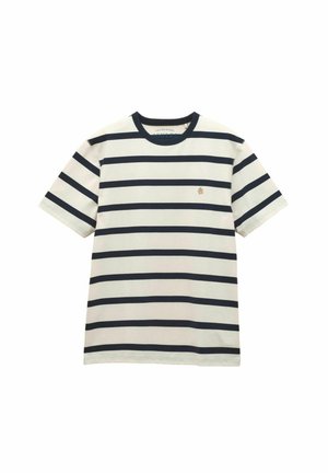 Weißes T-Shirt mit kurzen Ärmeln und horizontalen dunkelblauen Streifen sowie einem kleinen gestickten Logo auf der linken Brust.