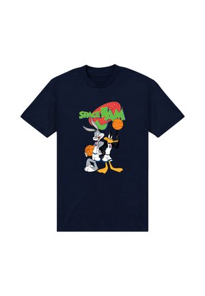 Chemise bleu marine avec Bugs Bunny et Daffy Duck portant des maillots de basket-ball, tenant des ballons de basket sous le logo "Space Jam".