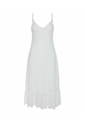 Biela bavlnená letná šaty s nastaviteľnými ramienkami, vyšívaným vzorom a volánovým lemom. Ľahký materiál, A-čkový strih.