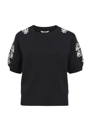 Black knitted short-sleeve sweater with embroidered white floral accents on the shoulders and a ribbed hem. Casual, fitted design.