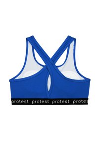 Plavi sportski grudnjak s teksturiranim vanjskim dijelom, dizajnom s križnim leđima i bijelim obrubom. Ima crni brendirani elastični pojas na rubu.