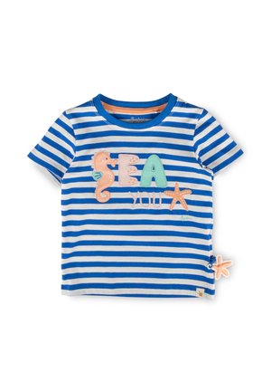 T-shirt rayé bleu et blanc pour tout-petit avec le texte "SEA you", avec des appliqués hippocampe et étoile de mer, et une petite étoile de mer attachée sur le côté.