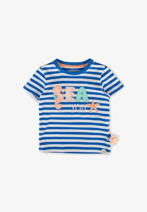 Blau-weiß gestreiftes Kleinkind-T-Shirt mit dem Aufdruck „SEA you“, mit Applikationen eines Seepferdchens und eines Seesterns sowie einem kleinen Seestern an der Seite.