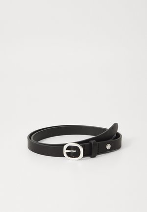 Black leather belt featuring a rectangular silver buckle and small metal stud. The belt is smooth in texture and has a minimalist design.