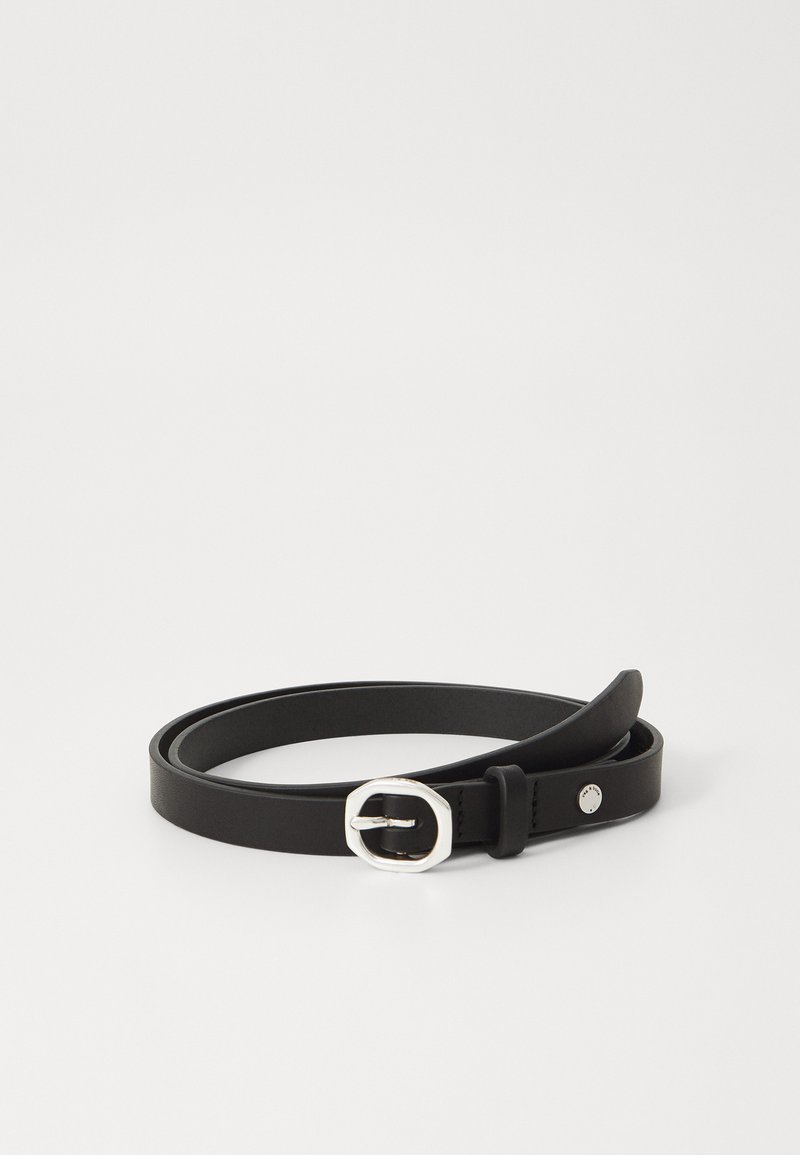 Black leather belt featuring a rectangular silver buckle and small metal stud. The belt is smooth in texture and has a minimalist design.