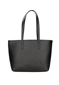 Borsa tote nera in pelle con texture liscia, forma rettangolare, due manici allungati e design minimalista privo di embellishments.