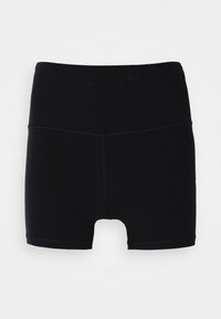 Shorts sportivi neri realizzati in tessuto elastico, con vita elasticizzata, superficie liscia e lunghezza fino a metà coscia con orlo a taglio.