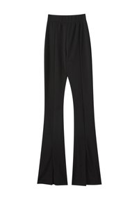 Pantalon noir taille haute évasé avec une texture lisse, présentant des fentes latérales près de l'ourlet pour un détail supplémentaire et une meilleure liberté de mouvement.