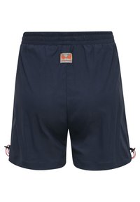 Marineblaue Badehose aus leichtem Material, ausgestattet mit einem elastischen Bund und seitlichen Kordelzügen. Markenlogo-Patch auf der Rückseite.