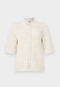 Strikket cardigan i off-white med korte ermer, knappestolpe foran og åpen vev. Har krage og ribbestrikket kant.