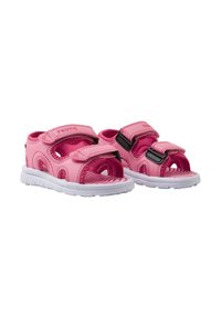 Rosa sandaler for barn med syntetisk overdel, åpen design, borrelåsstropper og en hvit gummisåle med mønster.