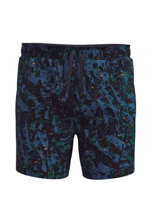 Swim shorts with a blue, green, and black abstract print. Made of lightweight fabric, featuring an elastic waistband and drawstring closure.