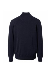 Dunkelblauer langärmeliger Pullover mit gerippten Bündchen, Saum und hohem Kragen, von hinten auf einem weißen Hintergrund gezeigt.