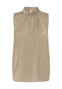 Blusa sin mangas en beige, confeccionada en tela lisa. Cuenta con un cuello alto plisado y una abertura en forma de ojo de cerradura en la parte trasera. Presenta aberturas laterales.