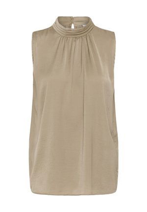 Varrukateta pluus beežis värvitoonis, valmistatud siledast kangast. Omab kõrget kaelust volditud detailidega ja seljal pisikest avausega lõhet. Külgedel on lõhikud.