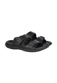 Sandalias negras hechas de material suave, con dos correas ajustables con hebillas y una suela de goma texturizada para mayor agarre.