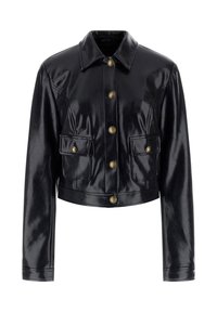 Krótka czarna kurtka z eko skóry o błyszczącym wykończeniu, z ostrym kołnierzem, złotymi zatrzaskami i dwoma przednimi kieszeniami.
