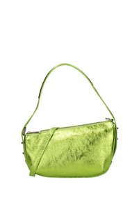 Borsa a spalla verde metallica con una texture liscia, forma rettangolare e una sola tracolla. Presenta una chiusura a zip e bordi arrotondati.