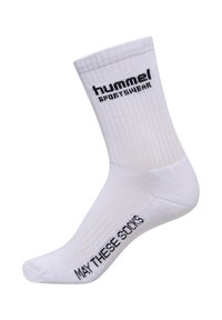 Hvid atletisk sok med ribbet tekstur. Har sort "hummel" logo og teksten "MAY THESE SOLES" på siden. Standard længde og facon.