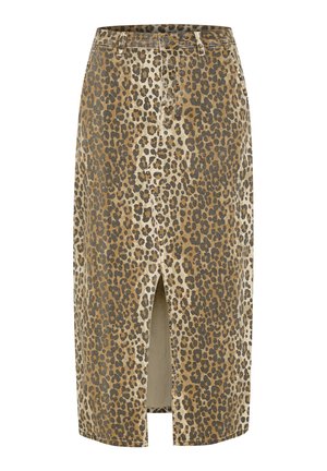 Leopardenmuster Rock mit hoher Taille, vorderer Schlitze und denimähnlicher Textur in Beige- und Schwarztönen, mit Knöpfen an der Vorderseite.