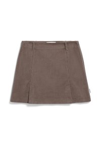 Bruine corduroy rok met een rechte snit, voorzien van twee voorplooien en een subtiele textuur. Inclusief riemlussen en een klein merkteken.
