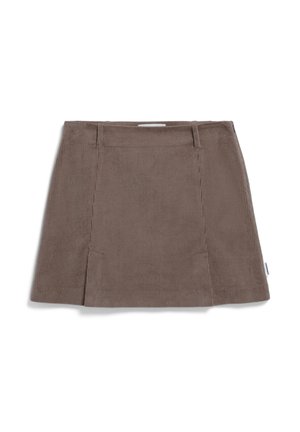 Gonna in corduroy marrone con taglio dritto, caratterizzata da due pieghe frontali e una texture sottile. Dotata di passanti per cintura e un piccolo etichetta con il marchio.