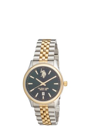 Orologio da polso da uomo con quadrante nero, cinturino in metallo oro e argento, indicatori delle ore dorati, display della data e logo U.S. Polo Assn. nella parte superiore centrale.