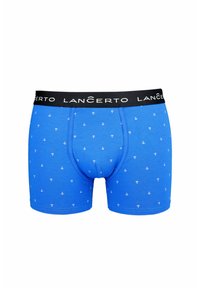Niebieskie bawełniane bokserki o miękkiej fakturze, z czarnym pasem w talii z logiem "LANCERTO" oraz małymi białymi wzorami w całej powierzchni.