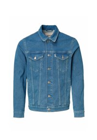 Modrá džínová bunda s knoflíkovým zapínáním, dvěma náprsními kapsami s klopami a knoflíkem, a dlouhými rukávy, vystavená na bílém pozadí.
