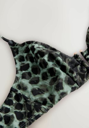 Bikini cu imprimeu de leopard în verde și negru. Are barete subțiri, material moale și detalii adunate pentru ajustarea și confortul optim.